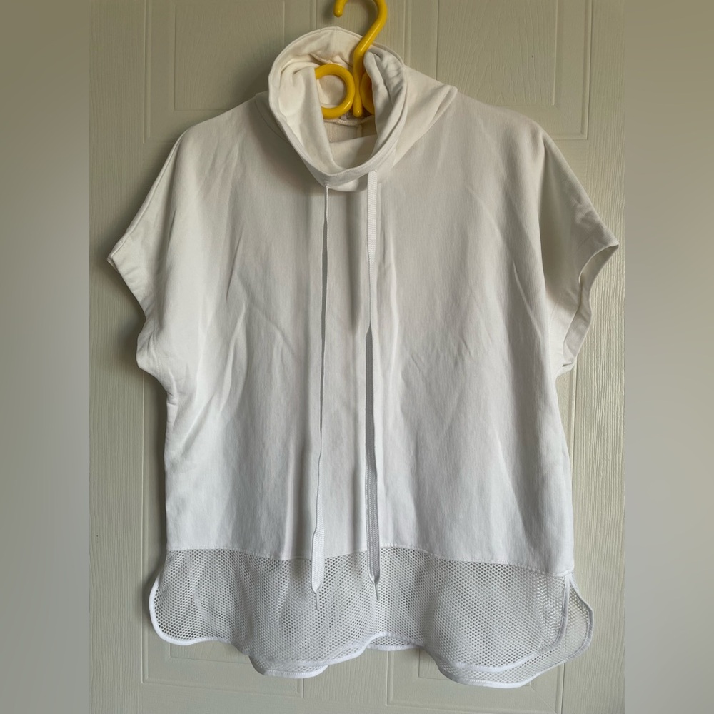 Zara Sport Cowl Neck Drawstring Top White Mesh Hem Short Sleeve Pullover M